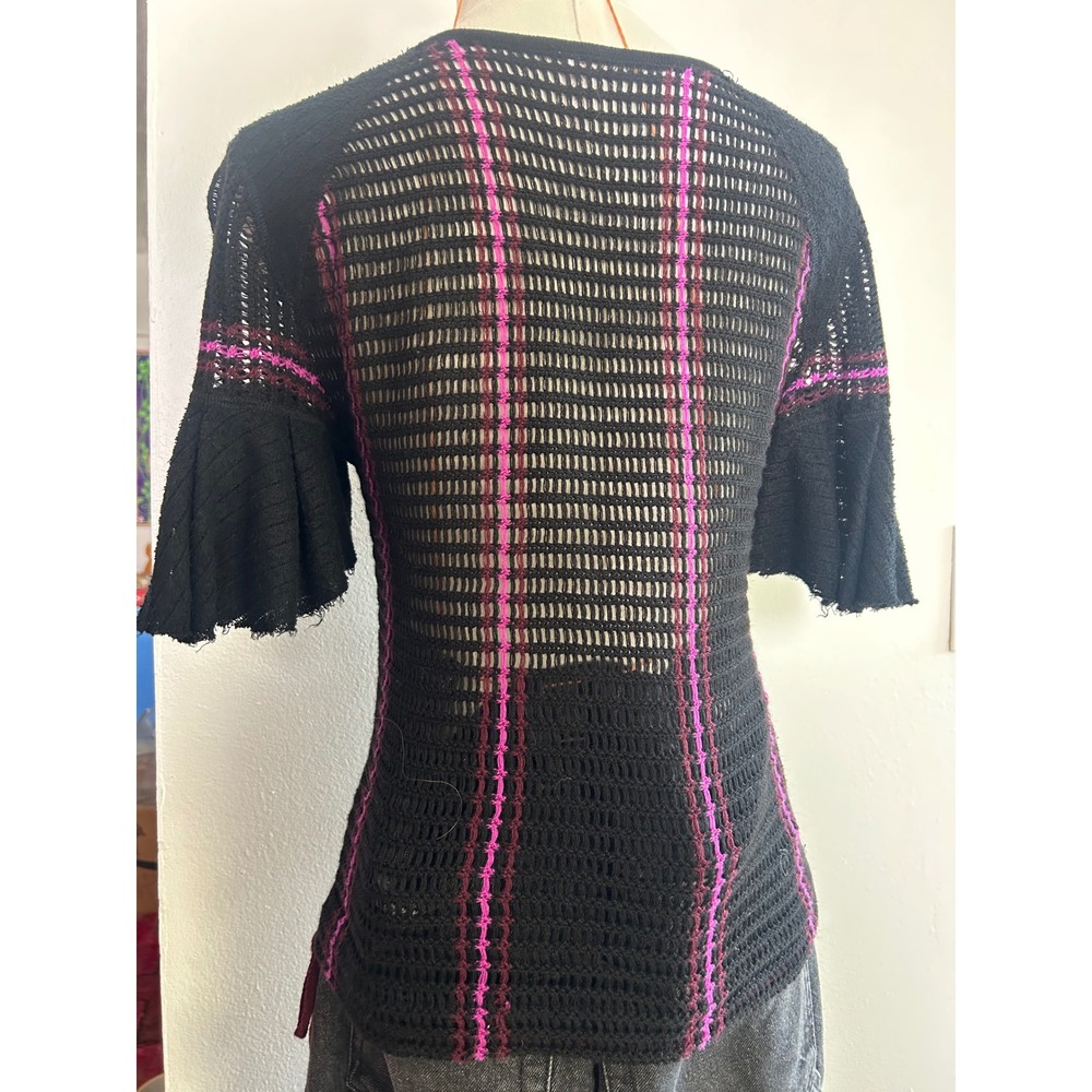 Free People Black Plaid Mesh Bell Sleeve Knit Top Size Small - Picture 3 of 7